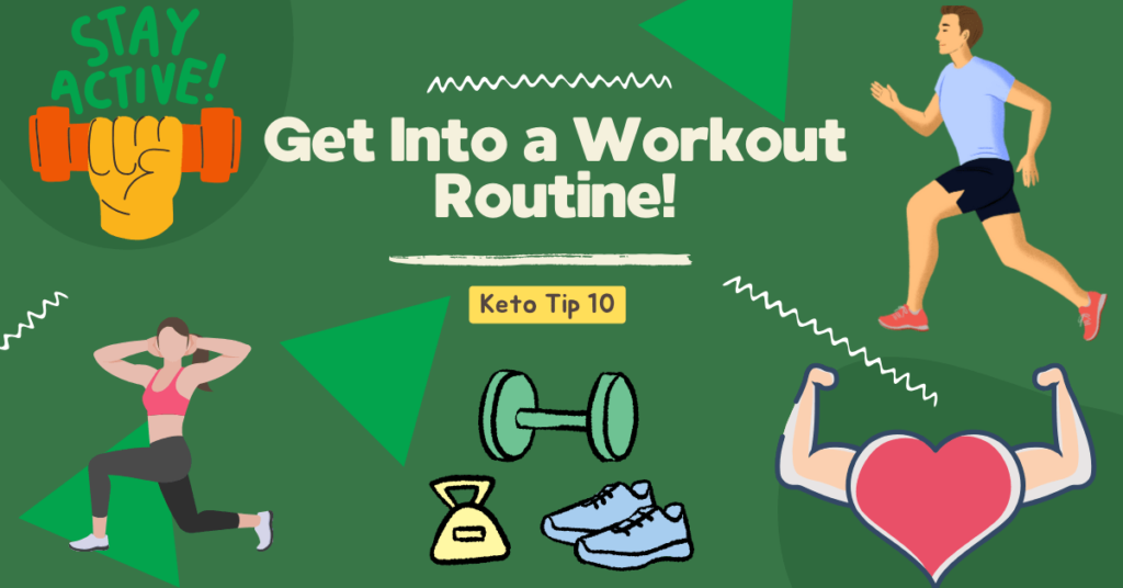 Keto Tip 10 - blog banner, green background, animated man and woman exercising, animated heart with muscular arms, animated shoes and weights