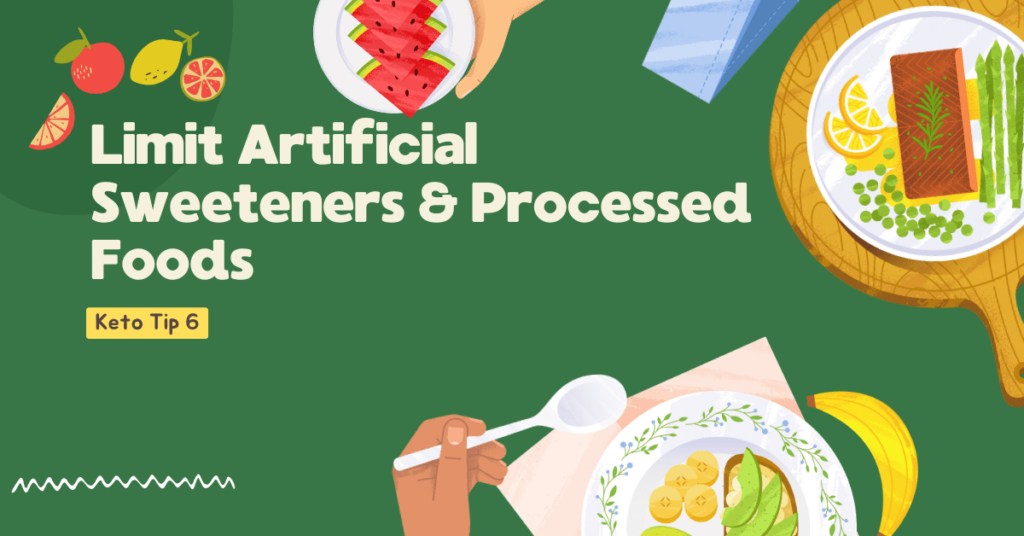keto tips blog banner, green background, animated plates of food