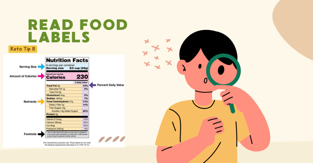 keto tips blog banner, beige background, animated kid holding a magnifying glass, food label.