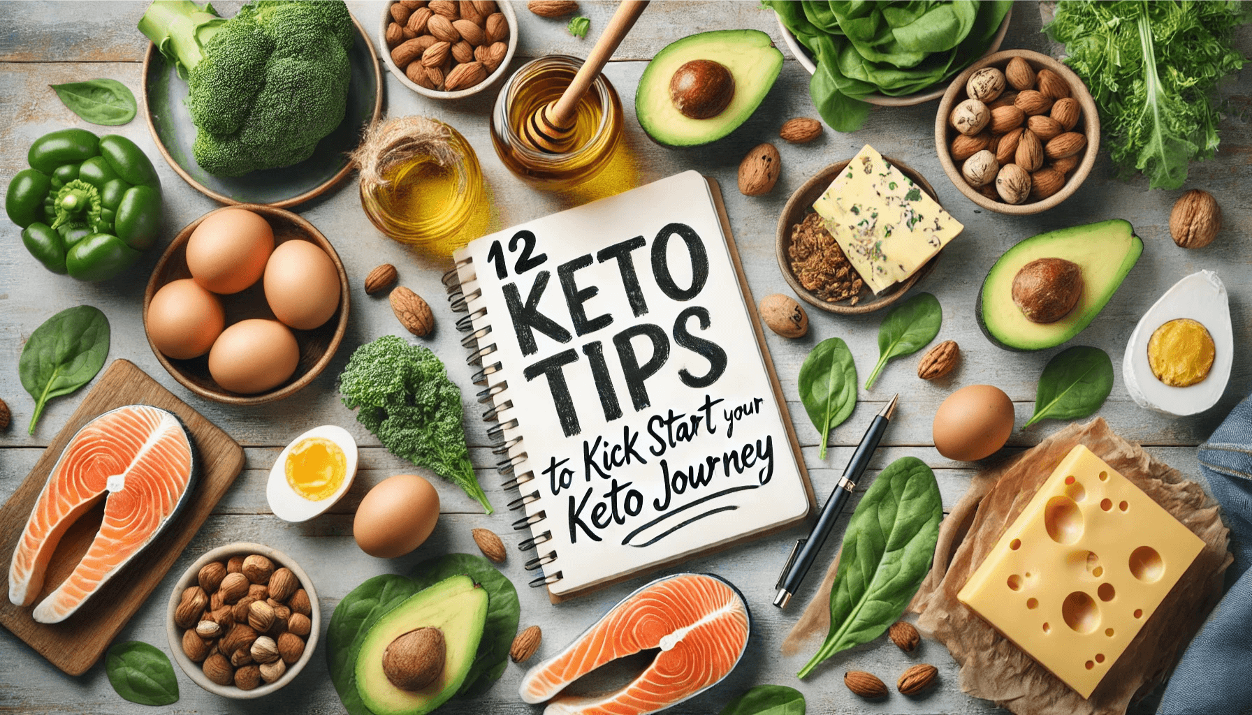 A picture of a notebook with the title "12 Keto Tips To Kick Start Your Keto Journey" surrounded by keto friendly foods.