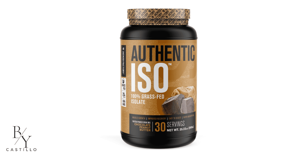 Blog banner with white background. By castillo logo. Picture of Jacked Factory Authentic ISO protein powder. Best keto protein powder