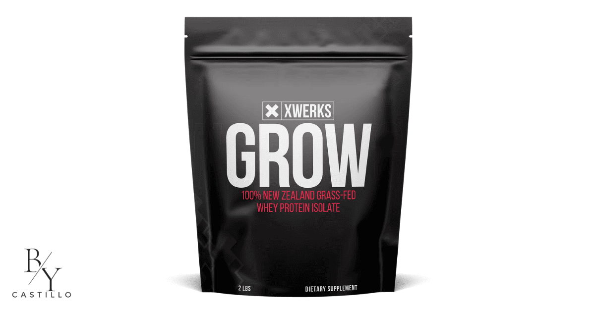 Blog banner with white background. Has a by castillo logo. Shows a picture of xwrks grow protein bag. Best keto protein powder.