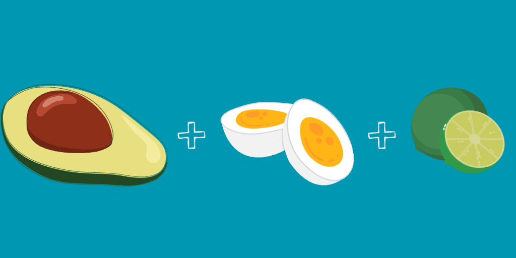Lazy keto breakfast ideas. Animated avocado, hard-boiled eggs, and lime. Background color #0097B2.