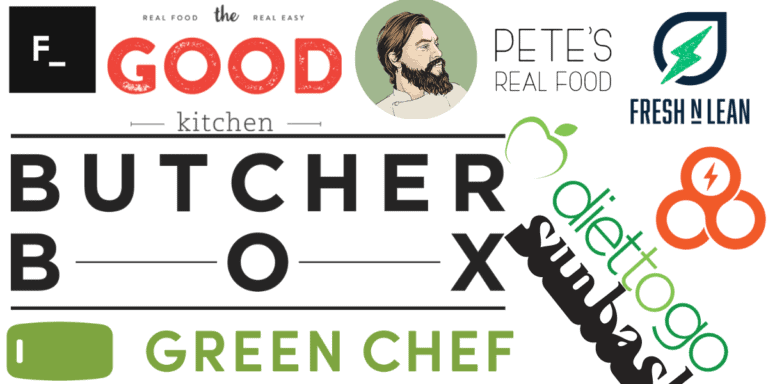 Best keto meal delivery services blog banner with Facto logo, The Good Kitchen logo, Pete's Real Food logo, Fresh N Lean logo, Butcher Box logo, Diet to Go logo, Sunbasket logo, Green Chef logo