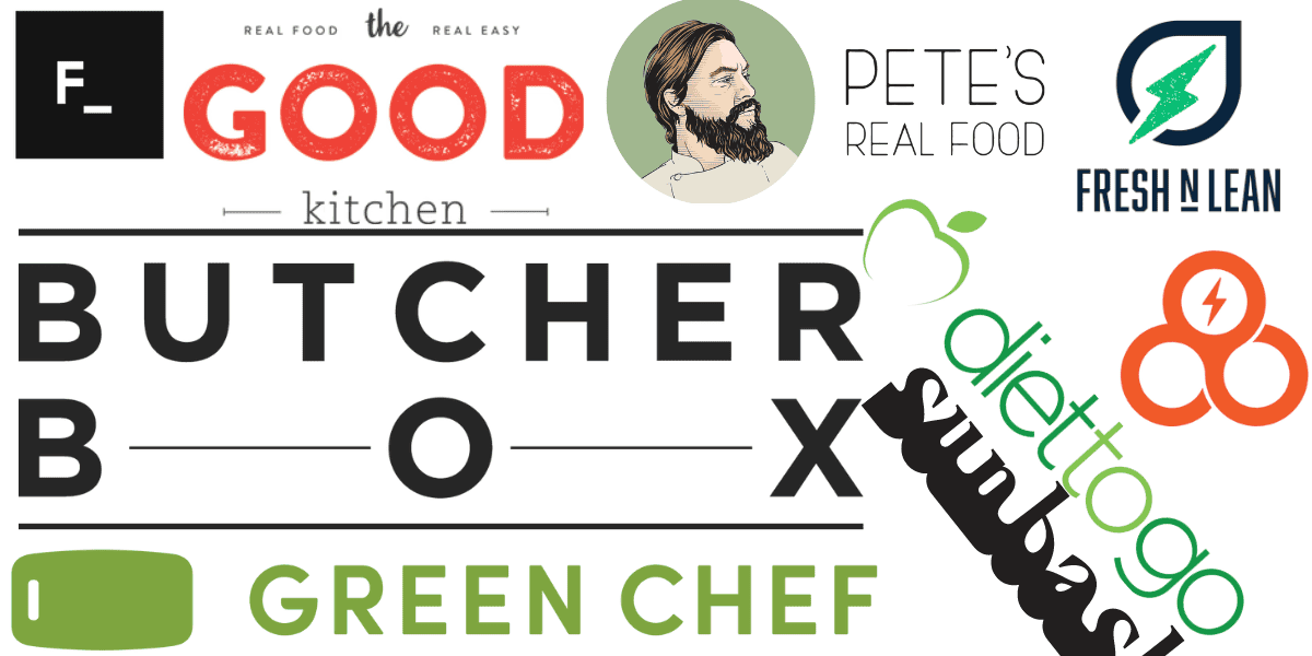Best keto meal delivery services blog banner with Facto logo, The Good Kitchen logo, Pete's Real Food logo, Fresh N Lean logo, Butcher Box logo, Diet to Go logo, Sunbasket logo, Green Chef logo