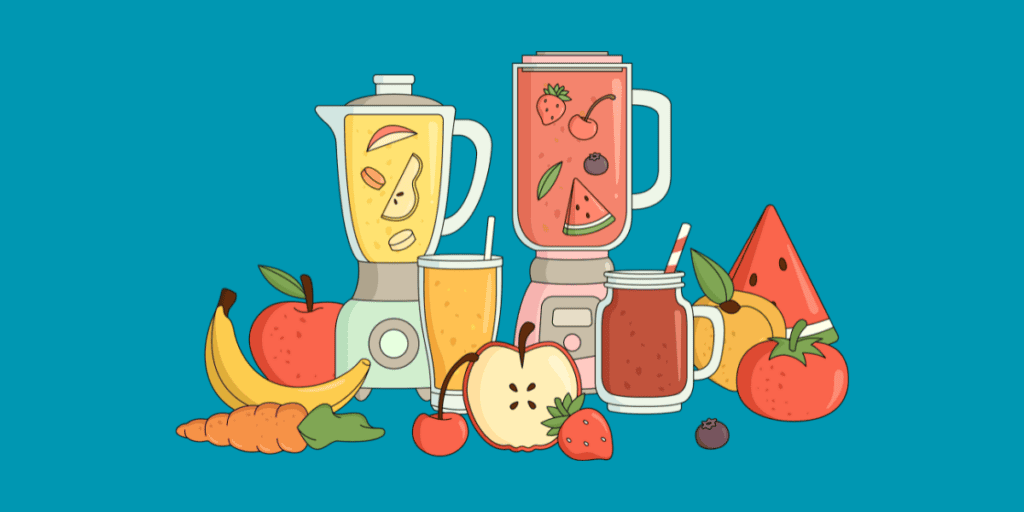 Lazy keto breakfast ideas. Animted fruits, veggies, and blenders. Background color #0097B2.