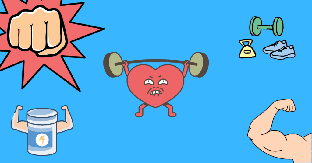 Blog banner with blue background. Lazy keto benefits. Animated heart lifting weights, animated muscular arm, animated punch, animated shoes, weights, and energize bottle with arms.