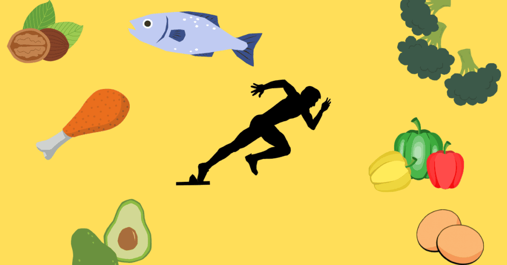 Yellow background, animated fish, chicken leg, walnut, avocado, broccoli, bell peppers, and eggs.