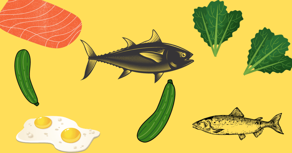 Yellow background with animated tuna fish, mackerel, zucchini, eggs, kale, and salmon meat.