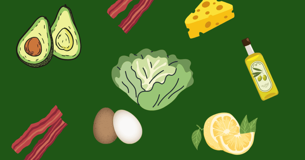 Lazy Keto Meals. Green background with animated lettuce, olive oil bottle, cheese, bacon eggs, and avocado.
