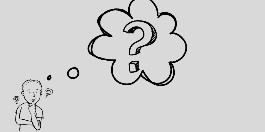 A animated boy thinking with question mark symbol in a cloud of  thought 