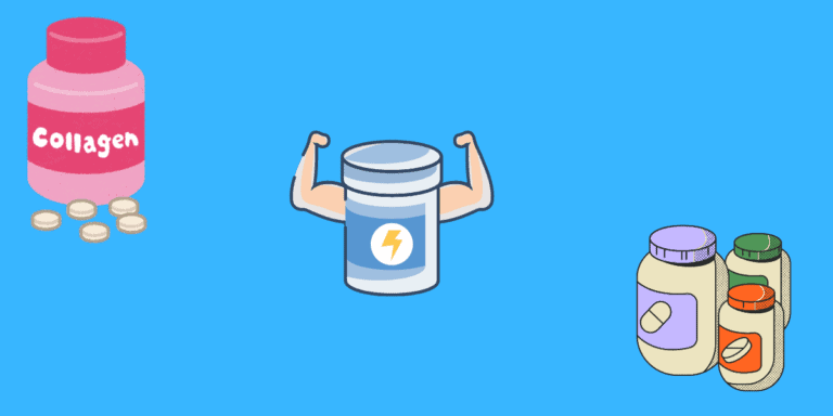 Animated supplements bottles with blue background. Best keto supplement blog banner.