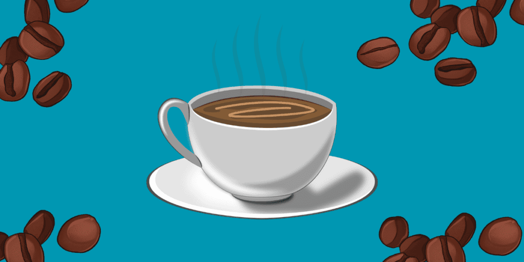 Lazy keto breakfast ideas. Animated coffee cup with coffee beans. Background color #0097B2