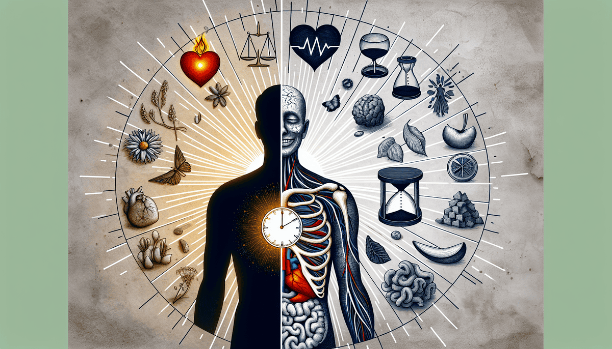 Creative illustration of the health benefits and risks of intermittent fasting
