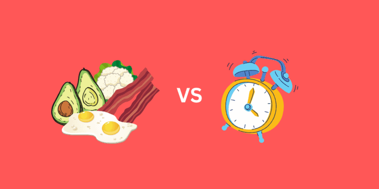 An animated image of avocado, bacon, eggs, cauliflower and a ringing clock.