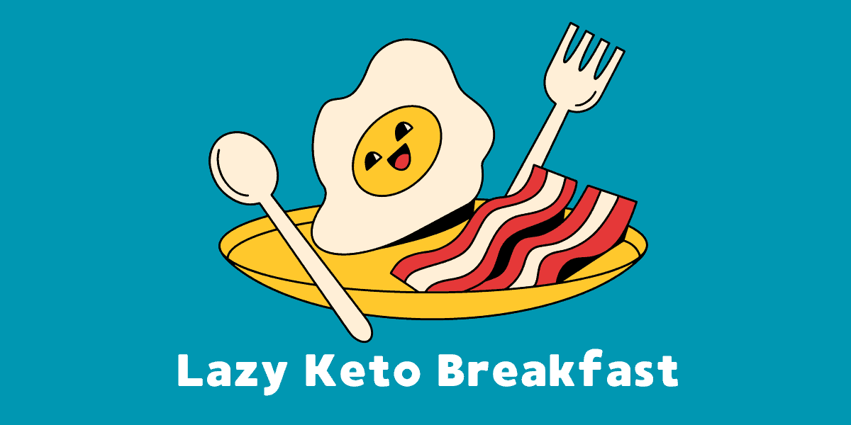 Lazy Keto Breakfast animated blog banner. Animated yellow plate with fork, spoon, bacon, and a happy over-easy egg.