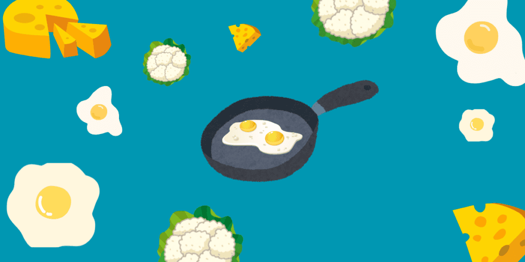 Lazy keto breakfast ideas. Animated eggs, skillet with egg in it, cheddar cheese, and cauliflower.