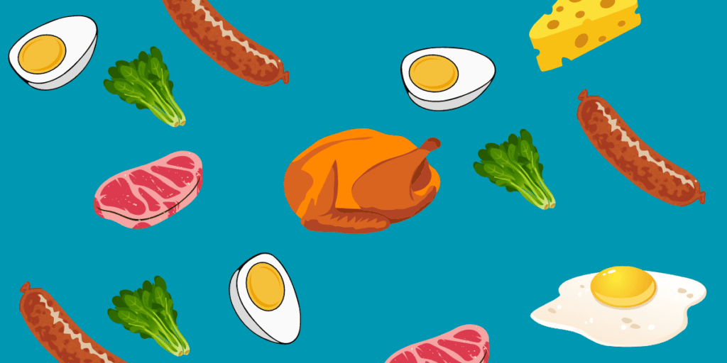 A blog banner with a blue background and animted food like chicken, steaks, eggs, hard boiled eggs, cheese, and sausages.