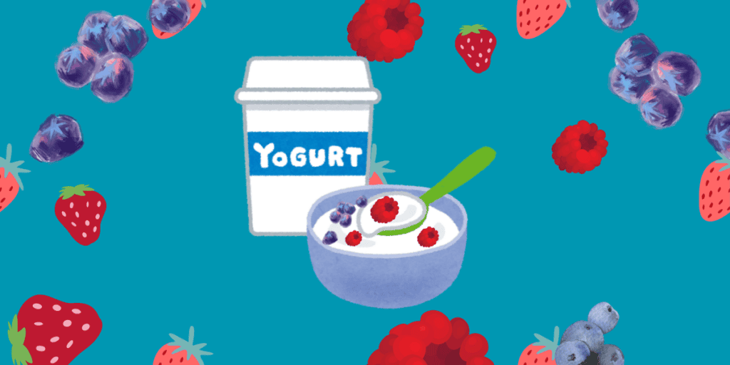 Lazy keto breakfast ideas. Animated yogurt cup, bowl, and berries. Background color #0097B2