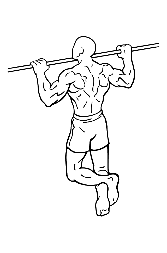 A cartoon man perfoming a pull up.