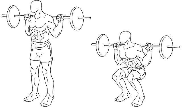 A cartoon man performing a squat. Lower body training for strenght and to lose weight.