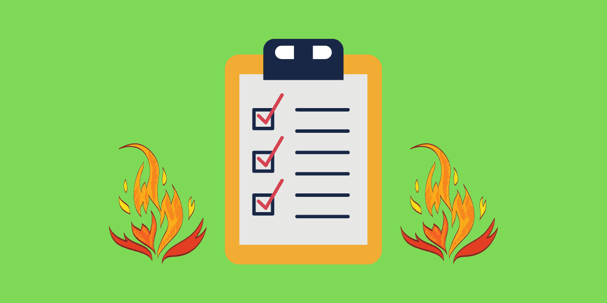 Cartoon check list with fire on both sides of the list. Lose fat.