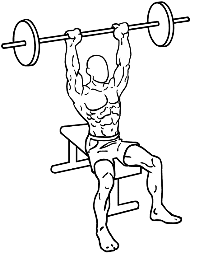 A cartoon man performing a shoulder press. Upper body exercise to lose weight and build strength.