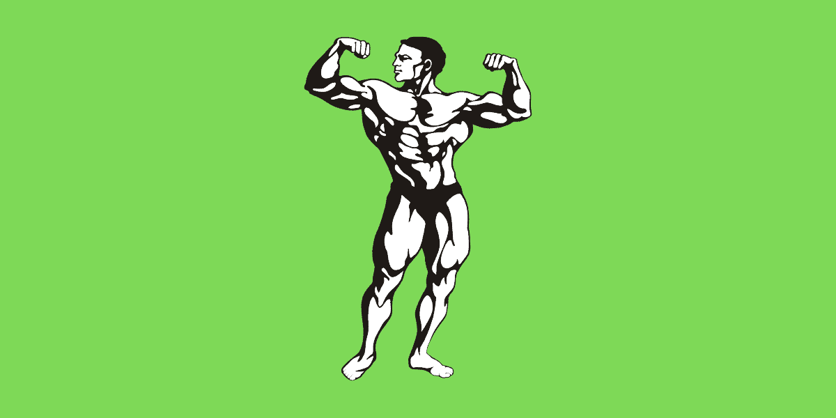 A cartoon images of a bodybuilder. Body split.