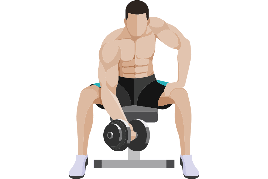 A cartoon man performing a seated dumbbell curl