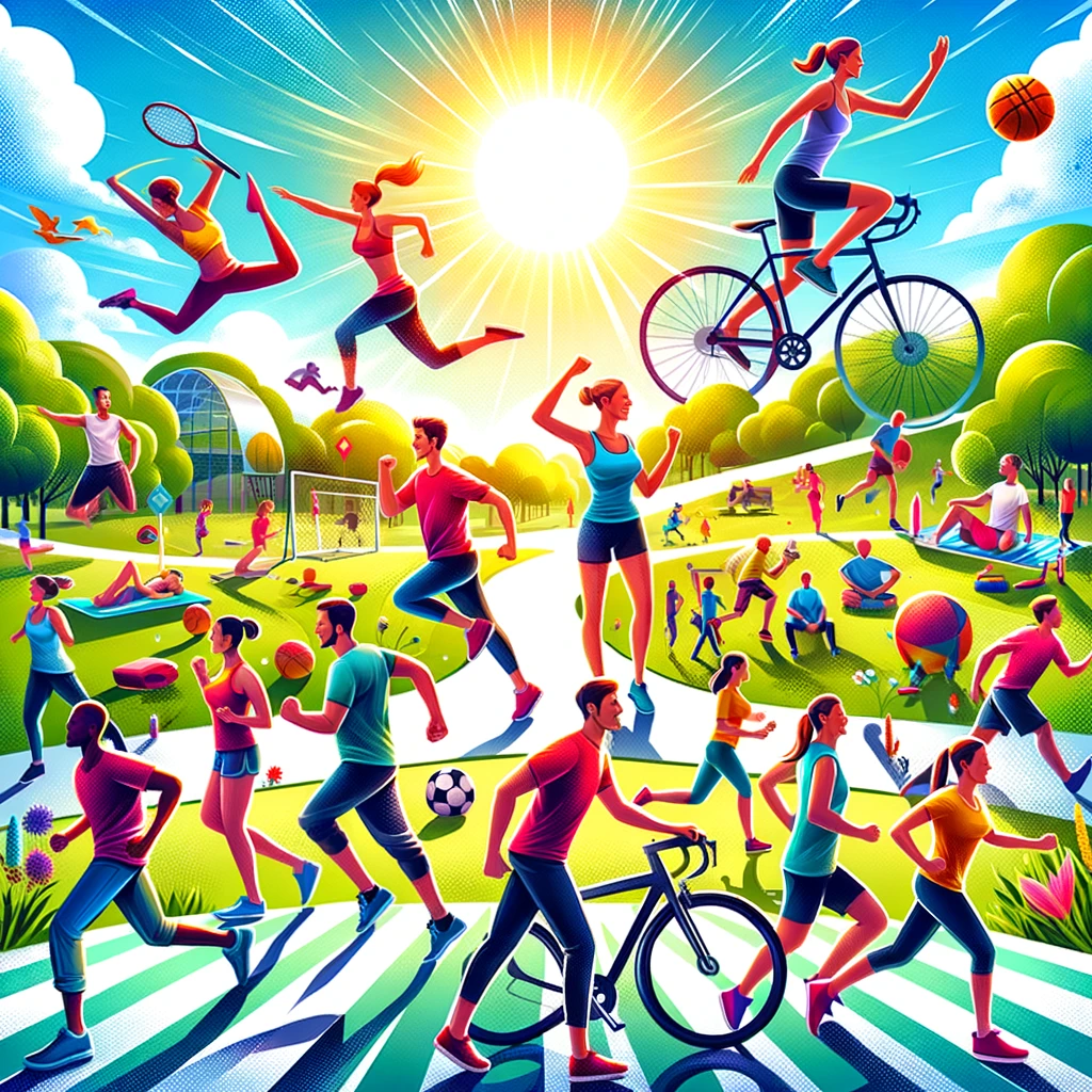 A vibrant and dynamic illustration of healthy people exercising in various outdoor activities. The scene has diverse individuals running, cycling, and playing sports outside.