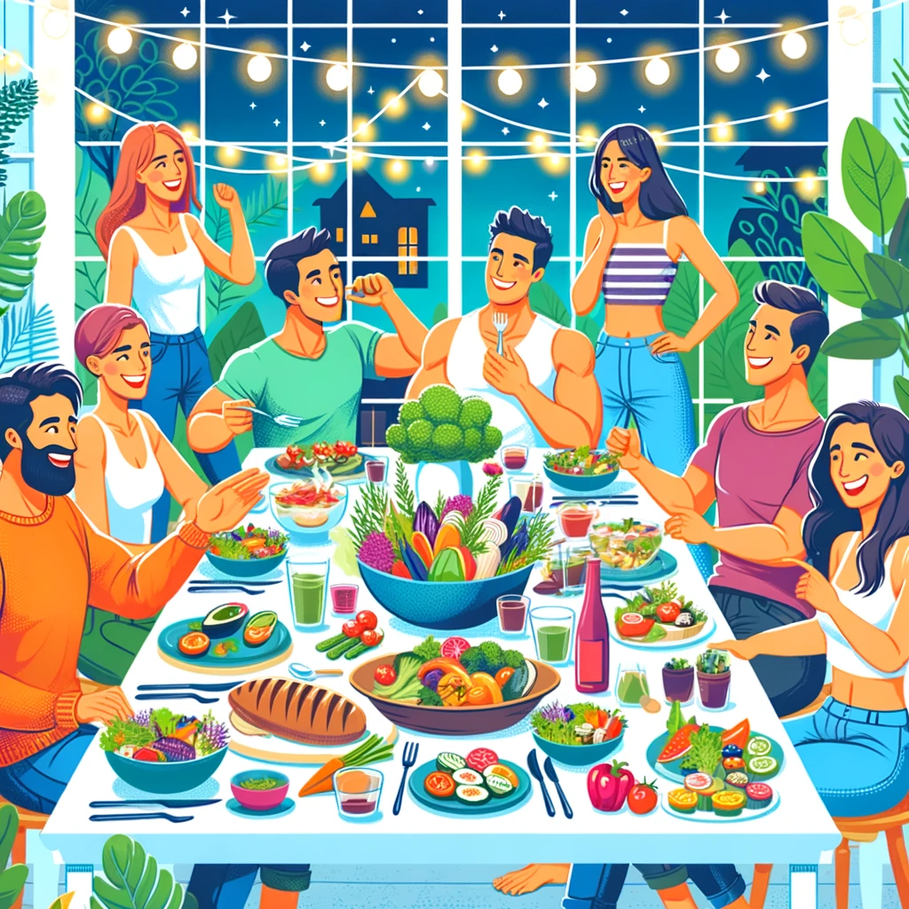 An image illustrating social dining. In this image there is a group of happy people enjoying a meal.