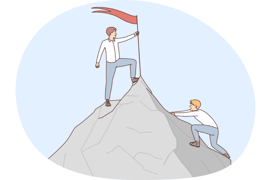 Two cartoon men climbing up a mountain with a red flag on top.