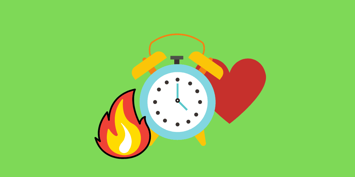 Cartoon fire, clock, and heart. Fat loss.