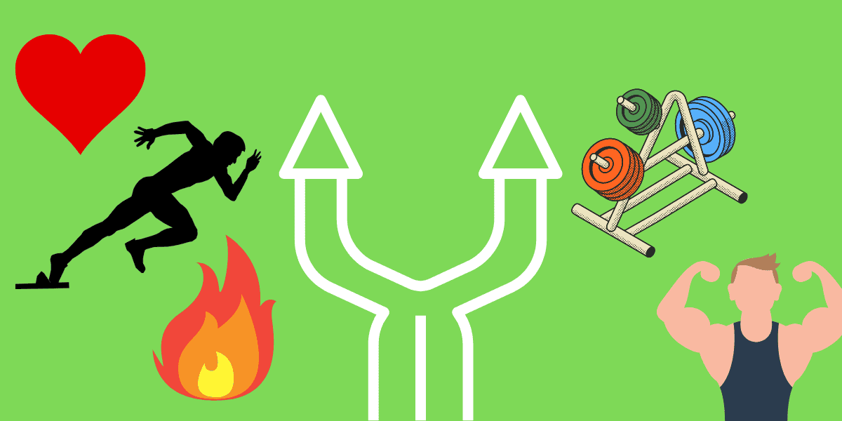 Cartoon man sprinting, cartoon heart, cartoon fire, cartoon man flexing, cartoon weight rack. Lose fat.