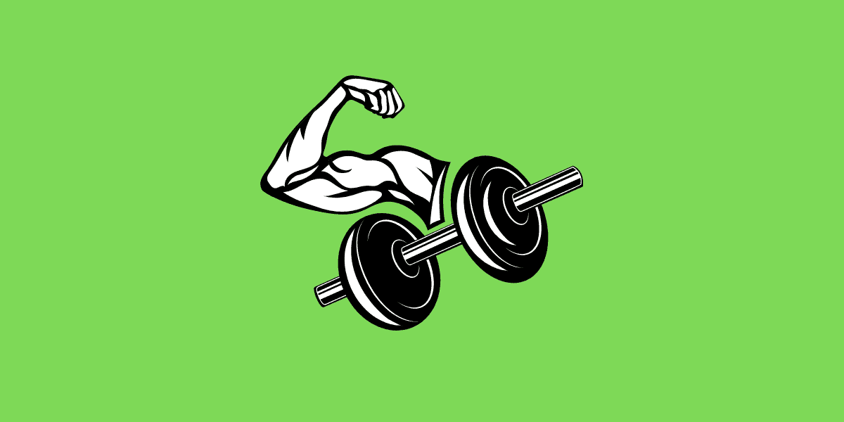 Cartoon muscular arm and dumbell.