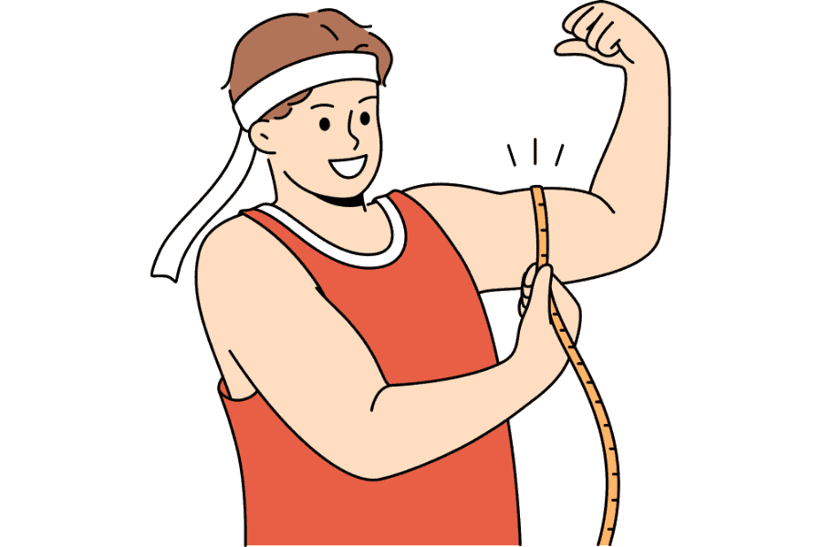 Cartoon man measuring his biceps.
