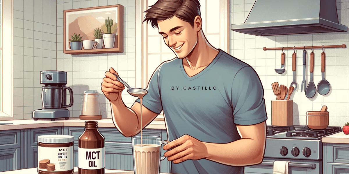 A person pouring MCT oil into his protein shake with a spoon.