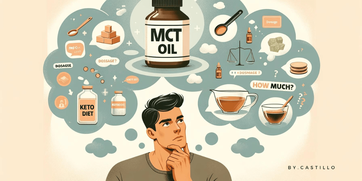 A person thinking of how much MCT oil to take per day on keto. By.Castillo logo on the bottom right corner.