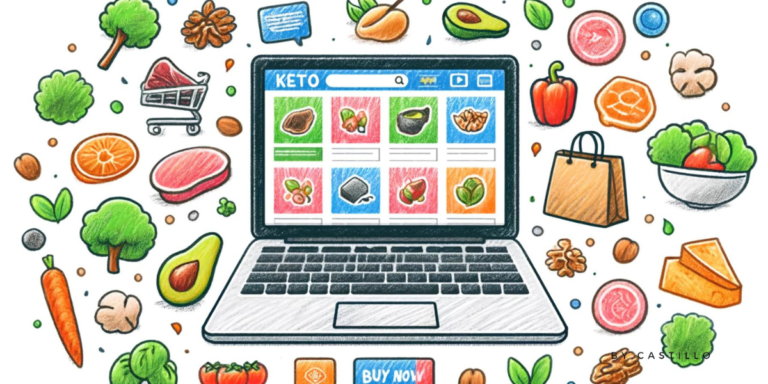 A crayon-style illustration of a laptop displaying a website with various keto food options for sale. The screen shows colorful images of keto-friendly foods such as avocados, nuts, and meat.