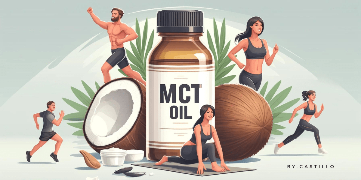 MCT oil bottle with coconuts, and healthy people. By.Castillo logo on the bottom right corner.