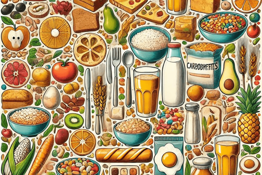 An illustration of foods rich in carbohydrates in a square aspect ratio