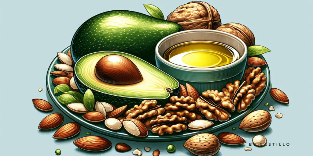 A plate with healthy fats like avocado and nuts