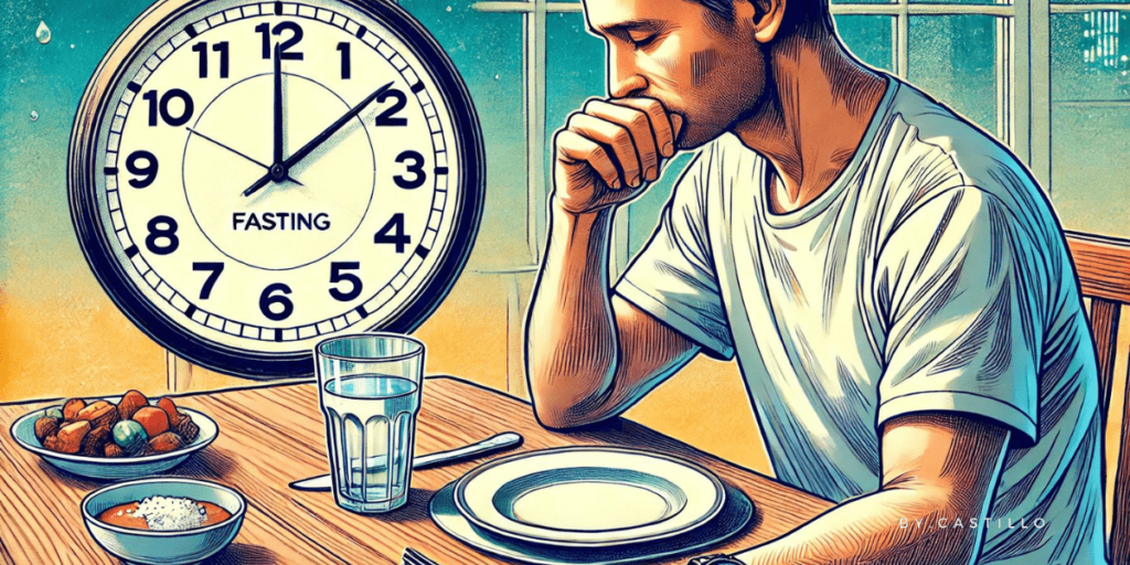 An illustration of someone who is fasting with an empty plate and a cup of water at the dinner table with a clock in the background.