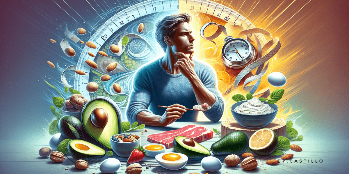 Speed Keto Blog Banner. A man thinking with food around him and a clock in the background.