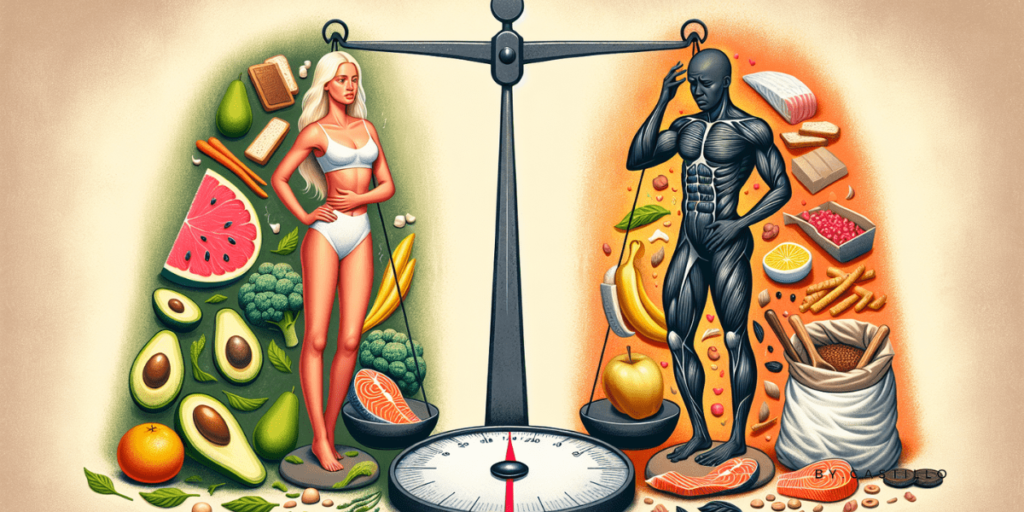 A picture of a food scale with a woman on the left and a man on the right with healthy food behind the woman and bad food behind the man.