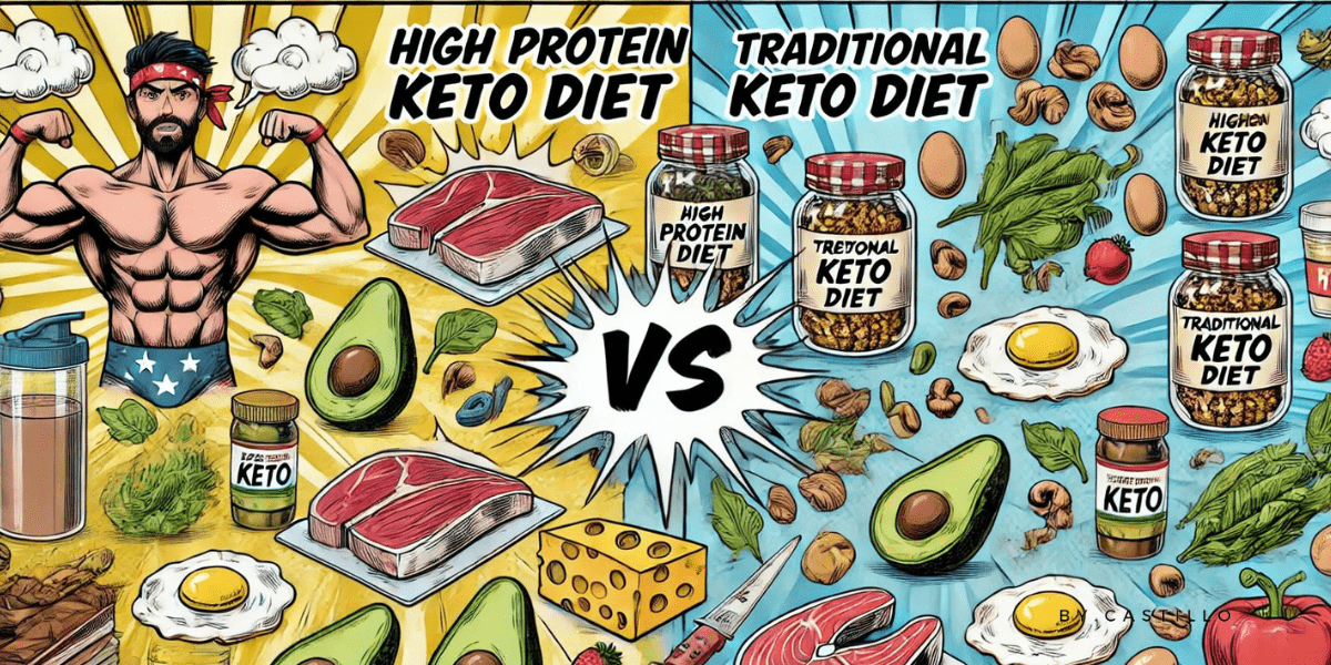 A comic book-style illustration comparing the high protein keto diet to the traditional keto diet.