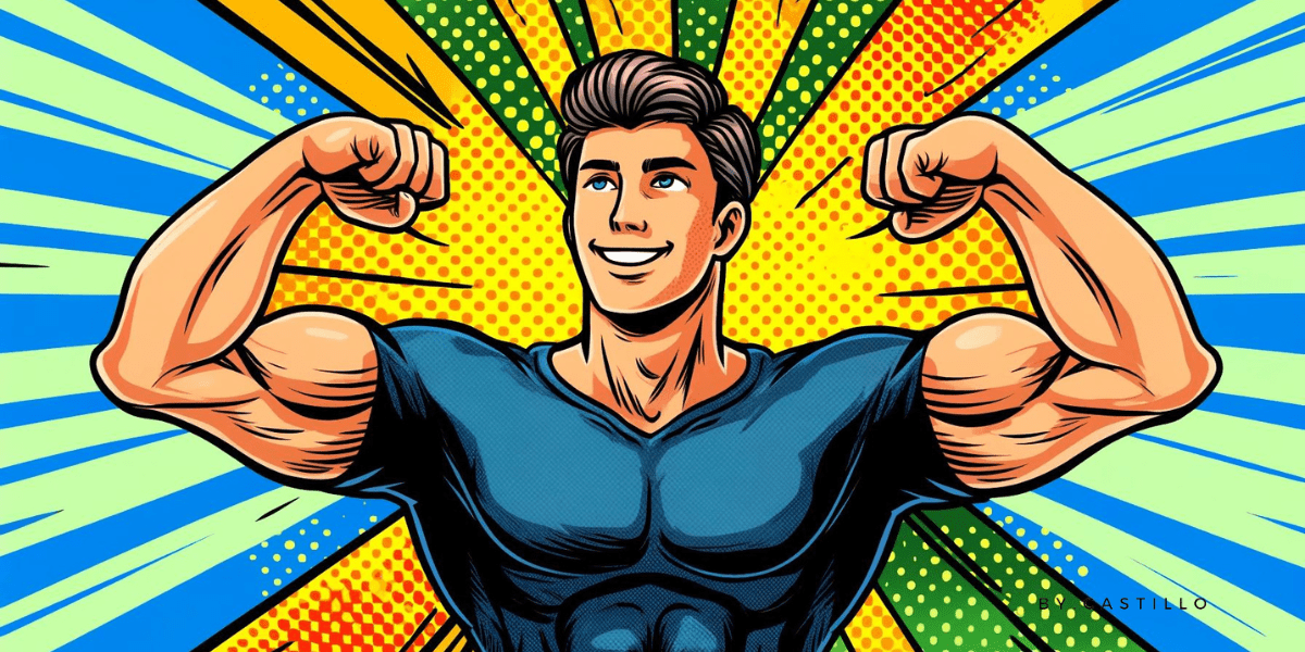 A comic book-style illustration of someone feeling strong and healthy, with no text.