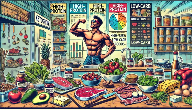 A comic book style of someone on the high protein ketogenic diet