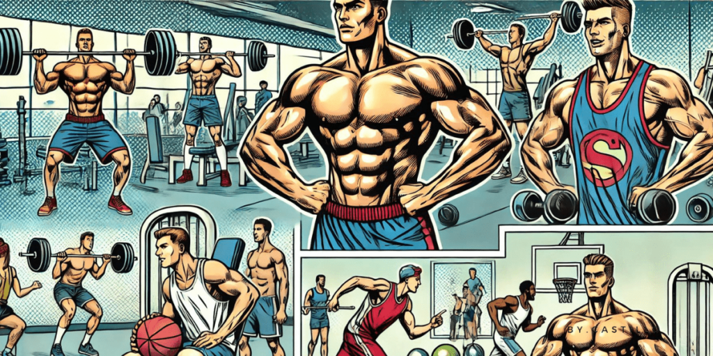 A comic book-style illustration of athletes and bodybuilders in a gym.