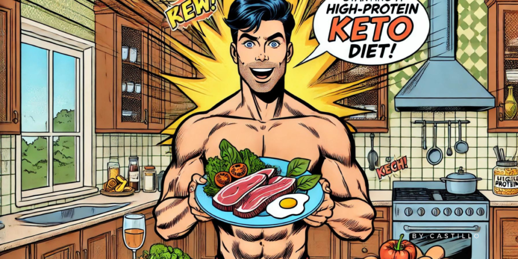 A comic book-style illustration of someone starting a high-protein keto diet.